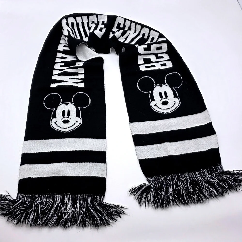 H&M‎ Disney Mickey Mouse Scarf Black White Striped Knit Since 1928 Fringe Retro